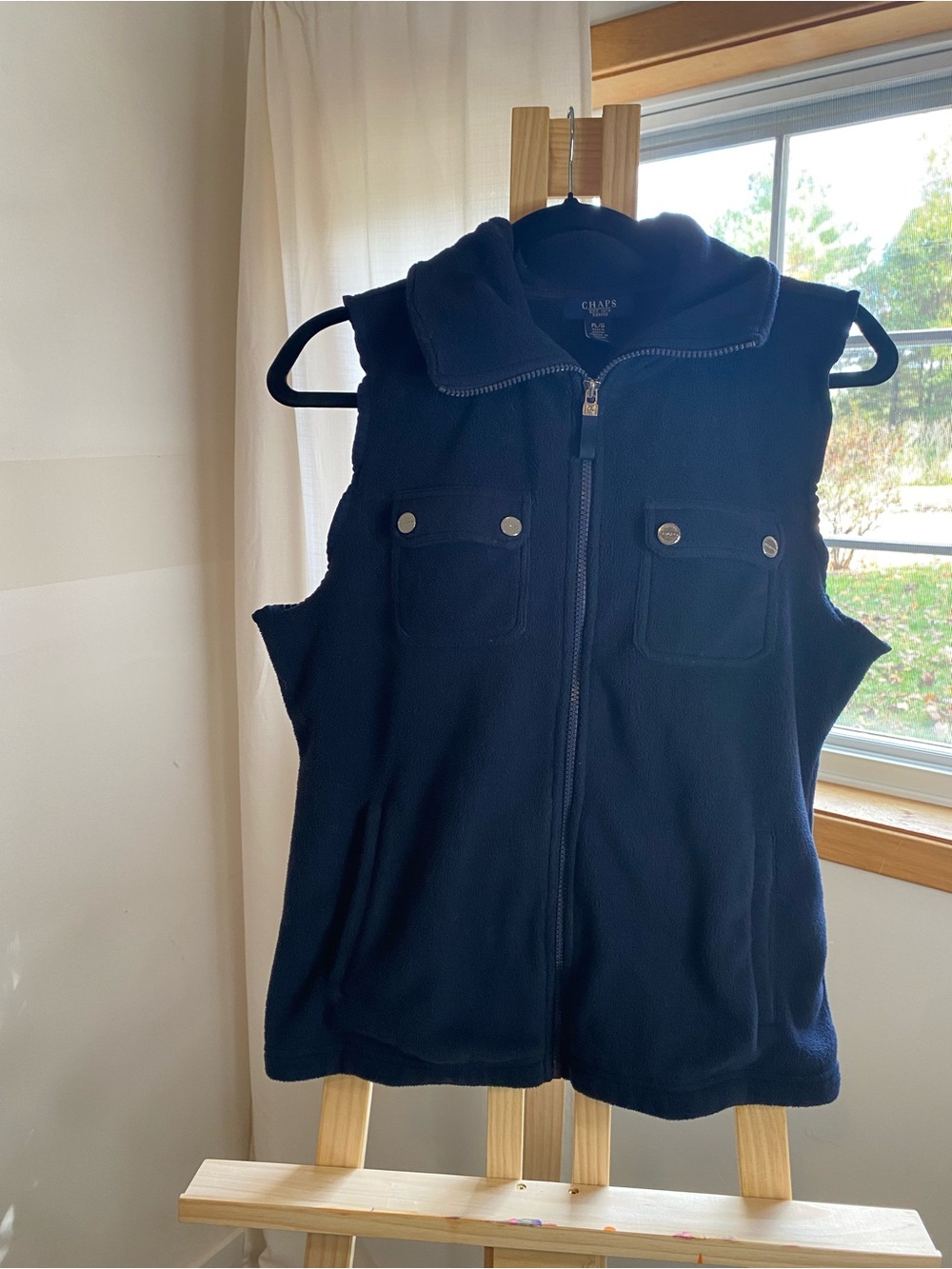 Chaps Petite L Navy Fleece Zip Vest Utility Pockets Preppy Outdoor